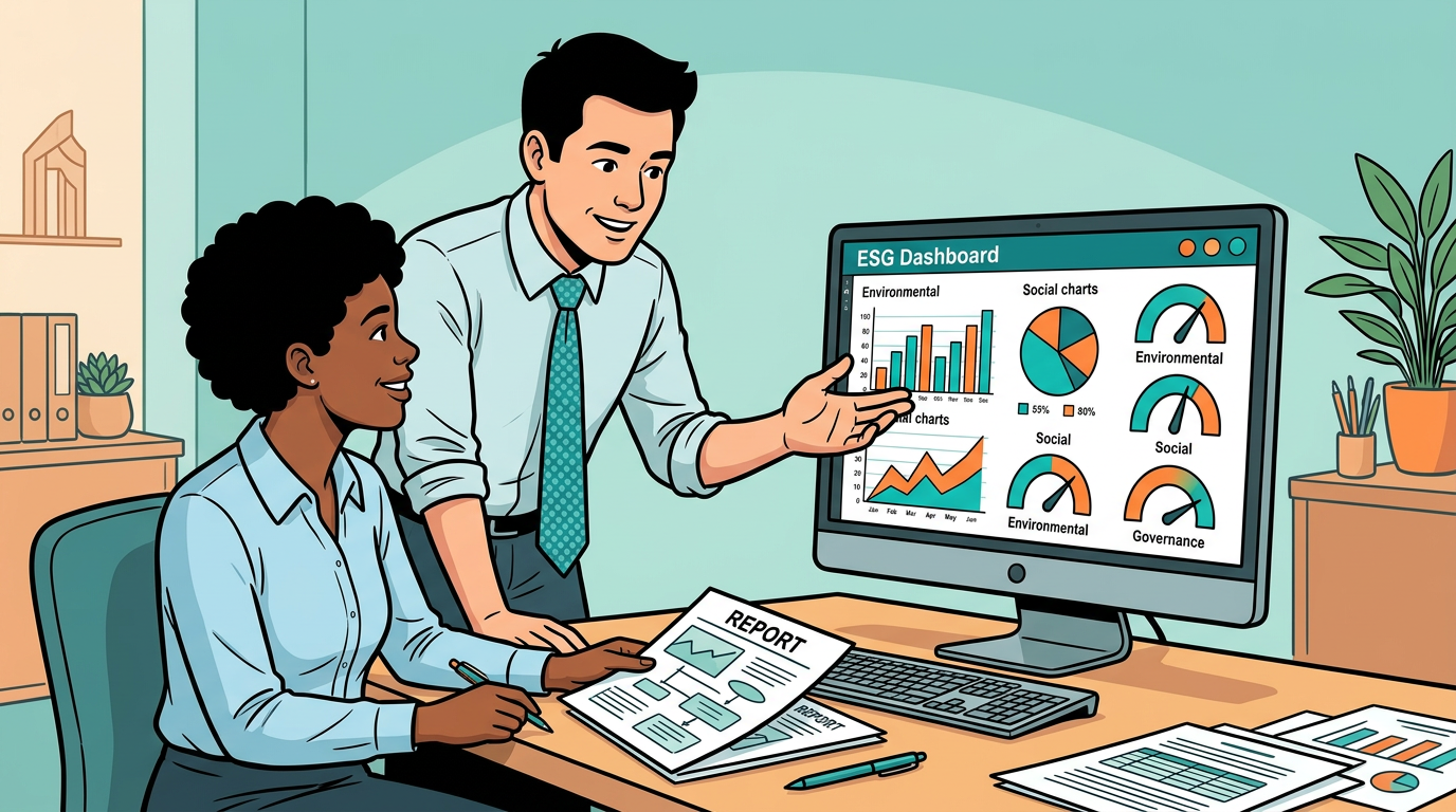 Cross-functional ESG team collaborating around a shared sustainability dashboard