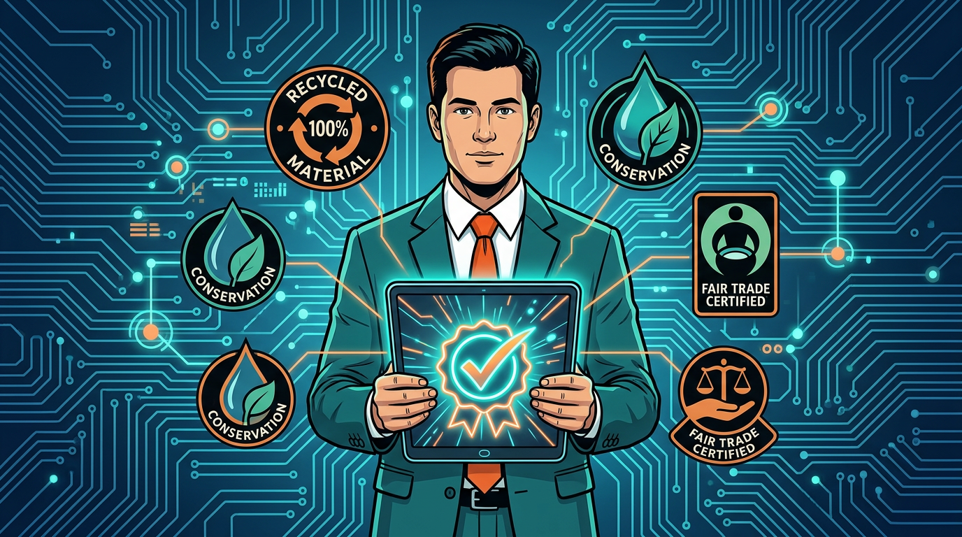 Magnifying glass verifying ESG compliance data and supply chain certificates